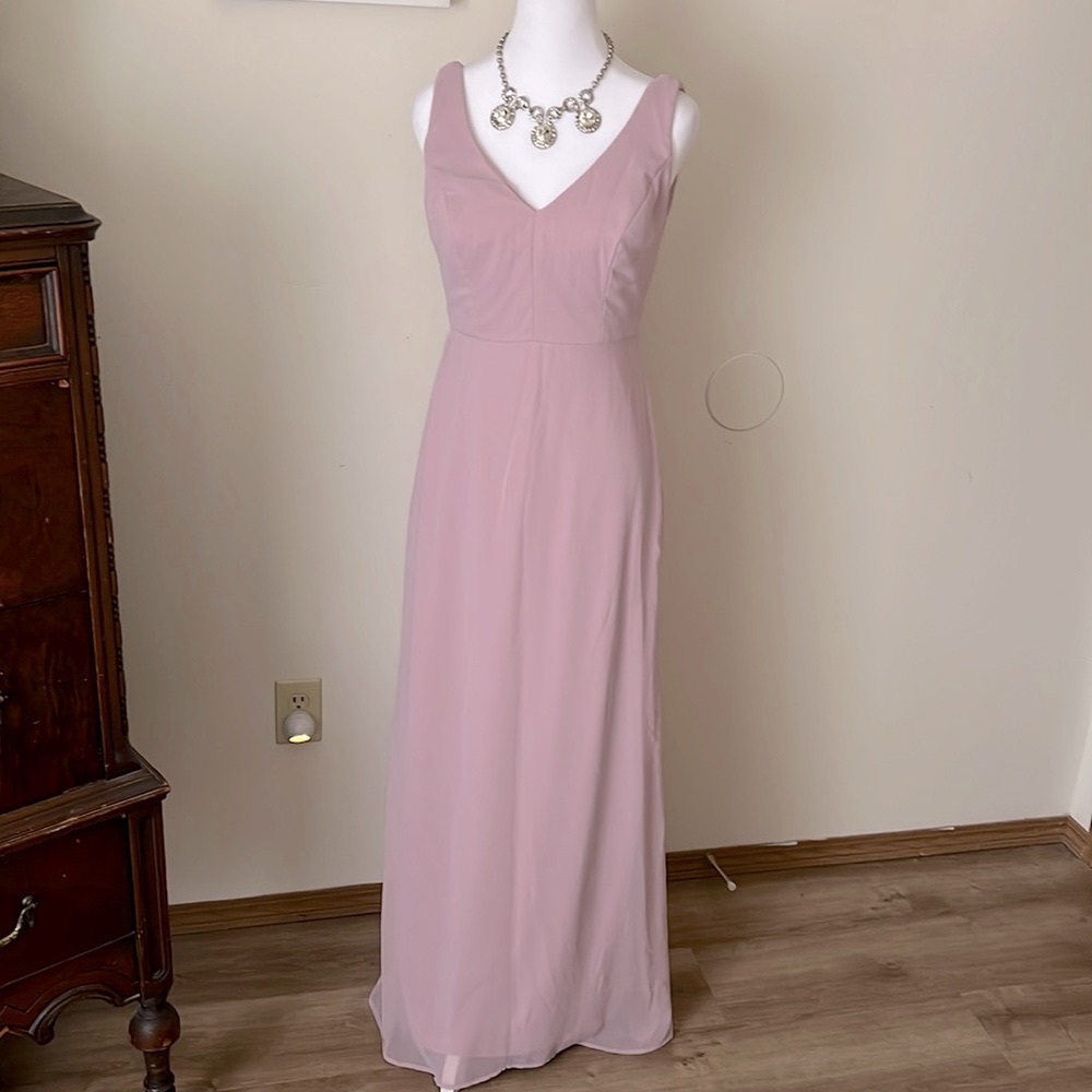 Bridesmaid Formal gown. V-neck back sheer with polyester lining. Floor length.
